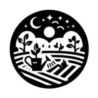 Black and white circular illustration depicting a serene night scene in a thriving garden with plants, a watering can, and an apple, bathed in moonlight and stars. vector