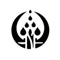 Elegant Black and White Symbol Featuring a Crescent Moon, Water Drops, and Floral Elements, on a minimalist white background. vector