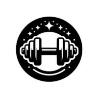Black and white dumbbell within a starstudded circle, evoking strength and fitness. vector