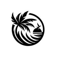 Black and White Circular Depicting a Palm Tree, Sun Setting Over Ocean, and a Flying Bird, Symbolizing Paradise. vector