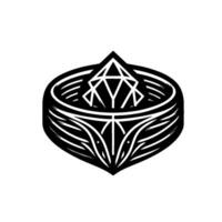 Elegant, minimalist black and white of a gemstone ring, featuring geometric patterns and a central diamond shape. vector