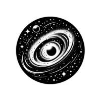 Monochrome Galaxy Illustration Black and White Rendering of Spiral Nebula with Stars, Celestial Bodies, and Circular Composition vector