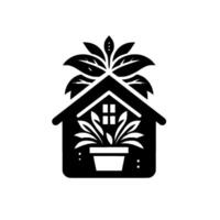 Black and white minimalist of a house integrating stylized plants, featuring a house shape with a potted plant inside and leaves above. vector