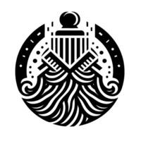Stylized Black and White Symbolic Emblem with Beards, Combs, Waves, and Columnlike Structures Within a Circular Frame. vector