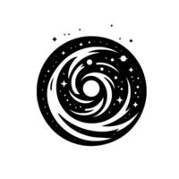 A stylized black and white illustration depicting a cosmic spiral galaxy, featuring swirling patterns and a backdrop of starry night. vector