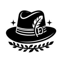 Black and white illustration of a fedora hat with a feather emblem and laurel leaves, embellished with sparkles. vector