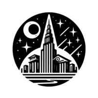 Stylized black and white cityscape in circular frame Skyscraper, classical buildings, moon, stars, comet trails, and river. vector
