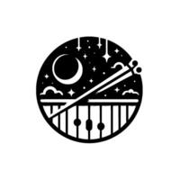 Celestial Symphony A Circular Black and White featuring a Moon, Stars, Violin, Piano Keys, and Clouds in a minimalist style. vector