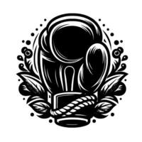 Stylized monochrome boxing glove tattoo encircled by decorative floral elements and dots, in a clean, elegant style. vector