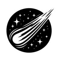 Black and white circular featuring a stylized comet streaking across a starry night sky background. vector
