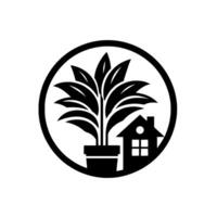 Black and White Circular Illustration of a Houseplant in a Pot and a House Symbol, Representing Home and Nature Harmonization. vector