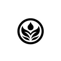 A minimalist, black and white circular depicting a drop of water above stylized leaves, representing nature and purity. vector