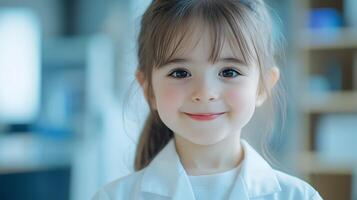 Young girl in white coat looking at the camera with a warm smile on her face representing childhood curiosity and future potential photo