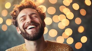 Man laughing joyfully with closed eyes Festive background with warm light creates an atmosphere of cheerfulness and celebration photo