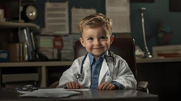 Adorable child plays doctor dressed in a white coat and stethoscope sitting at a desk with a warm smile and confident gaze photo