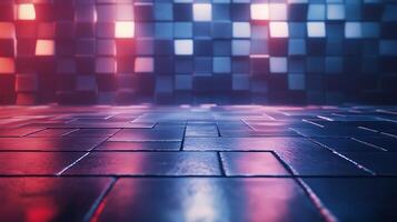 Abstract geometric background with glowing cubes and tiled floor creating a modern and futuristic scene with blue and red light reflections photo
