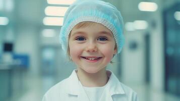 A young child dressed in medical attire smiles brightly in a sterile hospital setting embodying dreams of healing and hope for the future photo