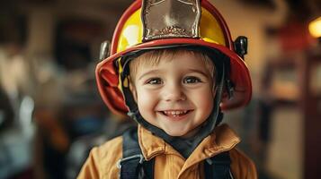 Young boy in a firefighter helmet with a bright smile A great portrayal of childhood imagination and dreams of bravery and heroism photo