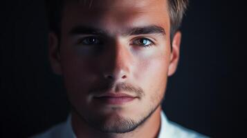Intense portrait of a young man with a serious expression captured in dramatic lighting that accentuates his features against a dark backdrop photo