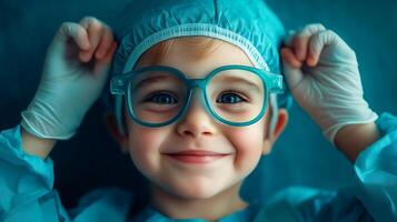 Child dressed as a medical professional wearing a surgical cap gown and gloves They are wearing glasses and smiling at the camera photo
