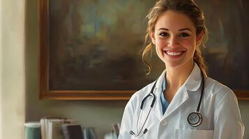 Smiling doctor in white coat with stethoscope standing confidently in front of a neutral background and some books photo