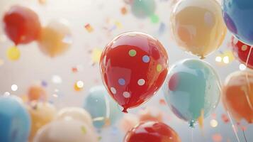 A vibrant array of colorful balloons and confetti creates a festive atmosphere perfect for celebrations and joyful occasions photo
