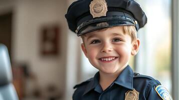 Smiling young boy dressed in a police officer uniform looking directly at the camera He appears happy and ready to serve and protect photo
