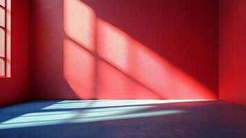 A red room with a window and a blue carpet photo