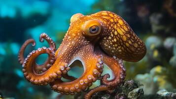 An orange octopus with mottled skin curls its tentacles resting on a rock with a teal aquatic background adding to the mystery photo
