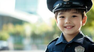 A young boy smiles dressed in a police uniform and hat He looks directly at the camera with bright happy eyes and a cute smile photo