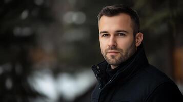 Contemplative man in winter wear with blurred background highlighting his focused gaze and subtle stubble in an outdoor setting photo