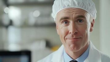 Smiling professional in lab coat and hairnet showcasing cleanliness and expertise in a sterile setting Perfect for healthcare visuals photo