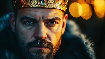A regal figure dons a jeweled crown his intense gaze suggesting power and authority set against a warm blurred backdrop photo
