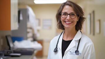 Smiling physician with stethoscope in office Confident and ready to help patients Experienced doctor happy to work in healthcare photo