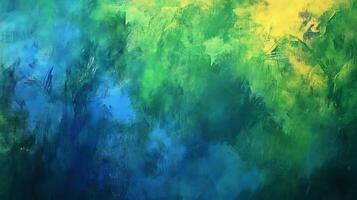 A vibrant abstract painting featuring blended hues of blue green and yellow creating a serene and energetic visual experience photo