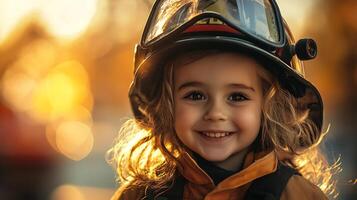 A charming child smiles wearing a firefighter's helmet the background is a beautiful soft golden light it's a portrait of resilience photo