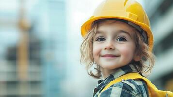 Young builder dreams big with hard hat and charming smile ready to construct a future full of possibilities in building construction photo