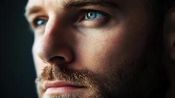 Striking close-up of a man's face with captivating blue eyes showcasing intricate skin details and a thoughtful expression photo