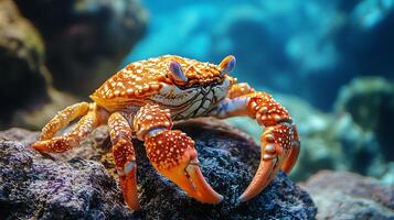 Close-up of an orange crab with white spots perched on a textured rock underwater showcasing its intricate details against a blue background photo