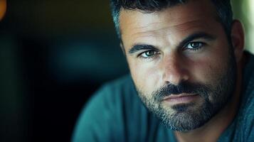 Close-up portrait of a man with a salt and pepper beard his gaze is direct and conveys a sense of calm confidence in a simple pose photo