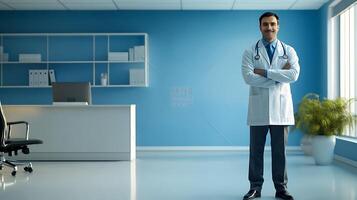 Confident doctor stands in a modern office with a calming blue color scheme and a plant projecting a professional welcoming image photo
