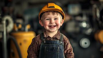Smiling young child dressed as a construction worker with a protective helmet exudes joy in an industrial setting Worker for a day photo