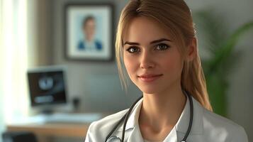 Female medical professional in white coat office setting stethoscope around neck ready to assist with healthcare needs photo