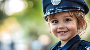 Adorable child dressed up as a police officer radiating charm and playfulness with a heartwarming smile bringing joy and innocence photo