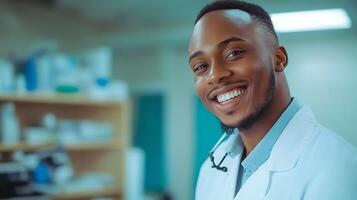 Smiling healthcare professional in lab coat with stethoscope Confident medical practitioner with positive expression and welcoming demeanor photo