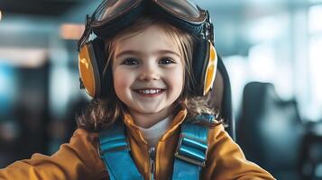Smiling young child dressed as an aviator ready for adventure and exploration with yellow earphones and goggles photo