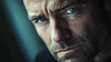 Intense close-up of a man's face capturing his sharp features blue eyes and thoughtful gaze Moody lighting enhances the drama photo