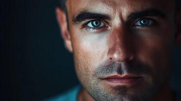 Intense dramatic close-up portrait of a man with striking eyes conveying depth and emotion in a darkly lit setting Focus on facial features photo