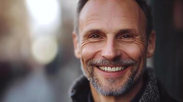 Happy smiling mature man with warm eyes natural skin texture An authentic portrait with bright teeth and gray beard photo