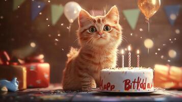 Ginger kitten celebrates a birthday with cake and presents in a festive atmosphere with balloons and confetti adding to the fun photo